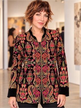 Soft Surroundings Black Velvet Embroidered Jacket S NWT Boho Paisley Floral
